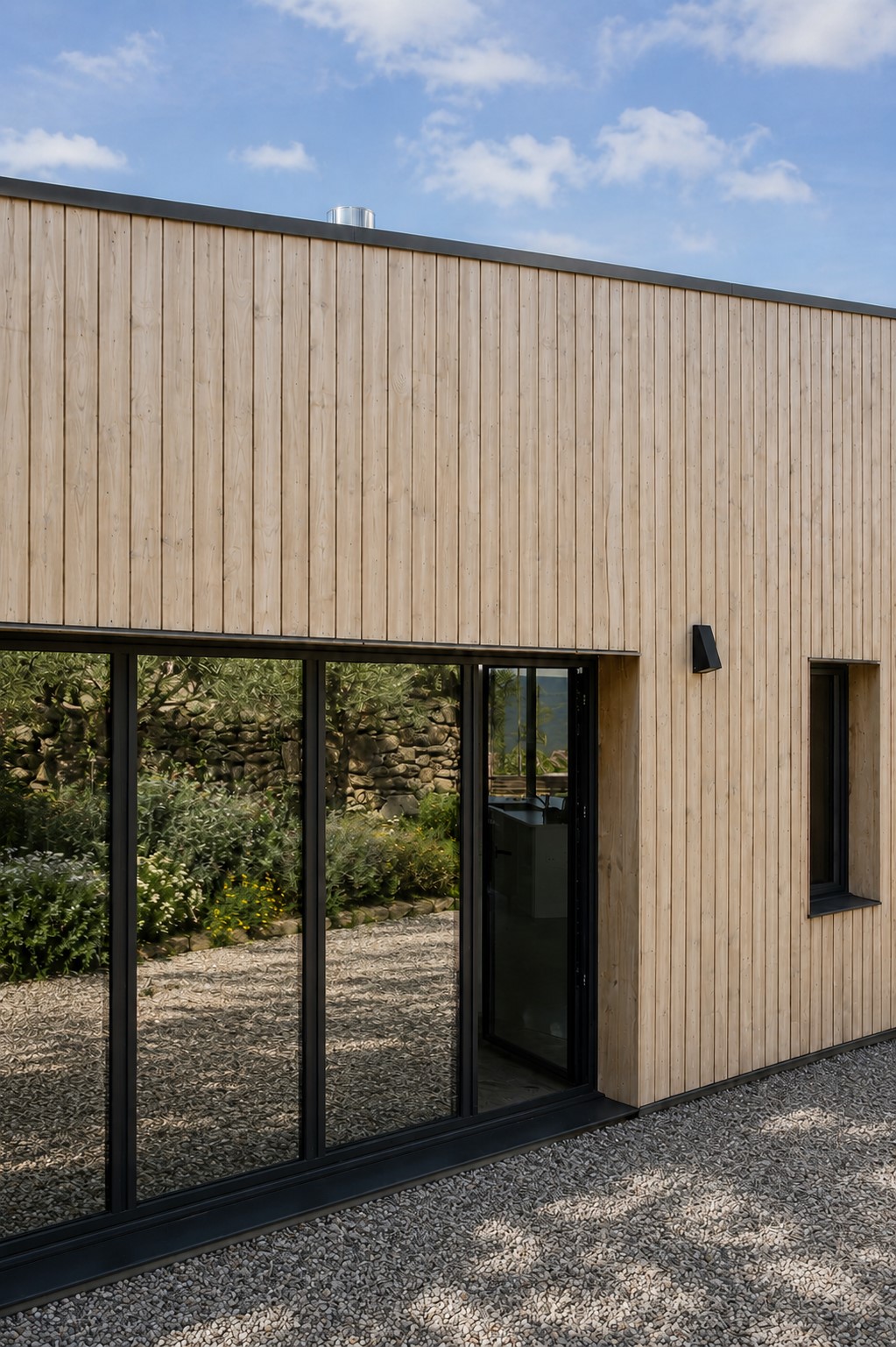 Carpintería de aluminio negro de gran formato integrada en fachada de madera en Bigues i Riells