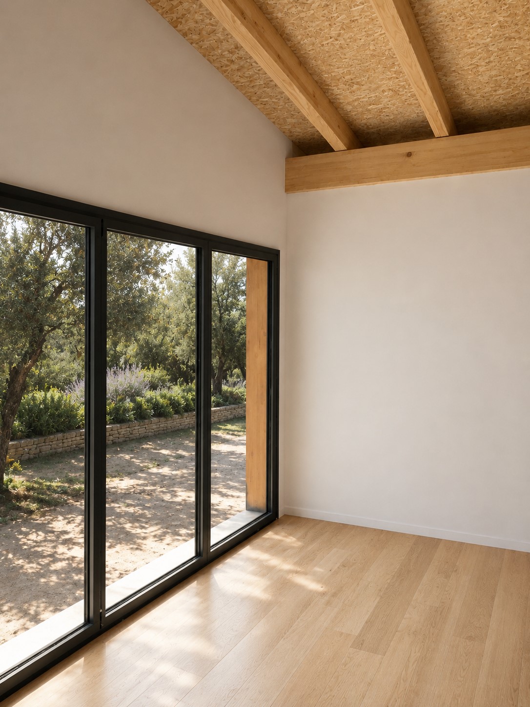 Gran apertura de aluminio negro vista desde el interior de una vivienda de madera en Bigues i Riells
