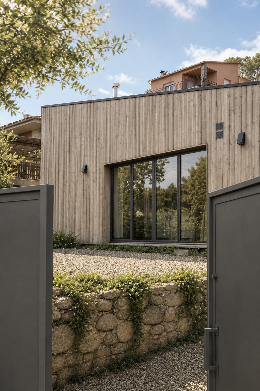 Gran ventanal de aluminio negro integrado en fachada de madera en Bigues i Riells