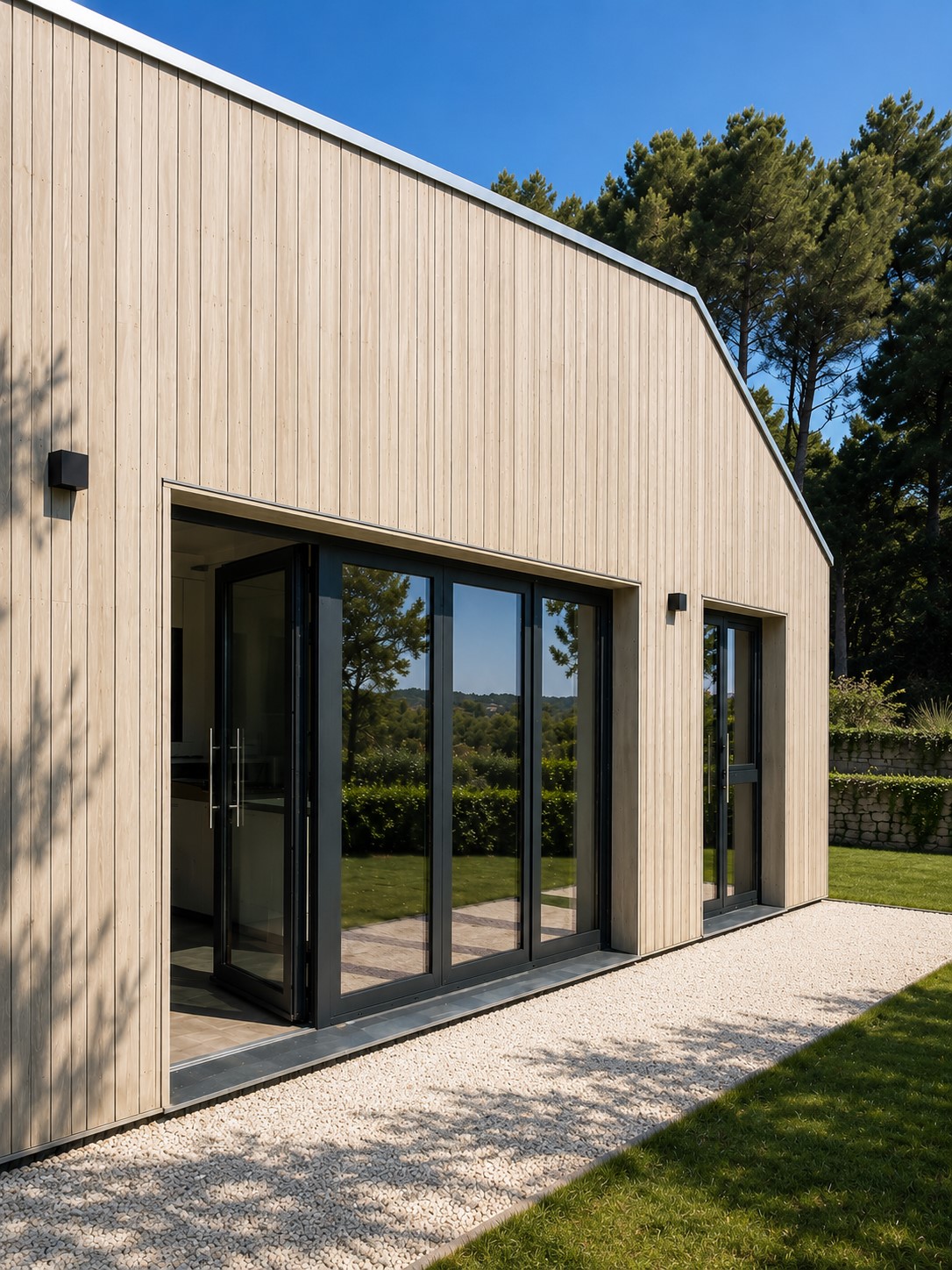 Vivienda en Canyelles con carpinterías de aluminio oscuras integradas en fachada de madera