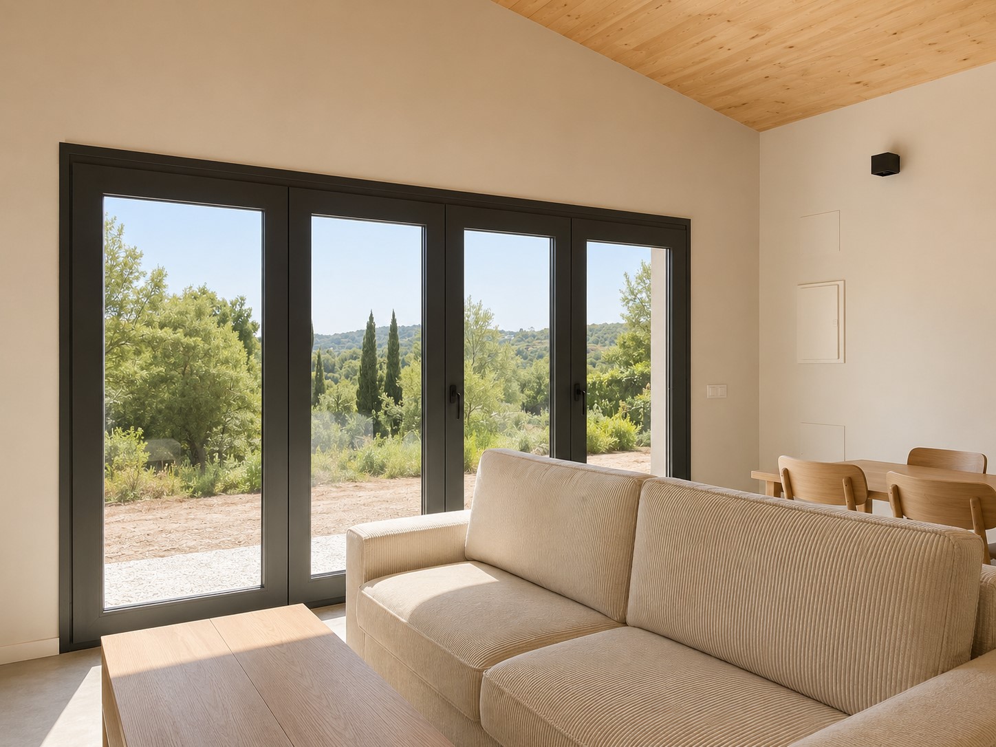 Interior de vivienda en Canyelles con grandes carpinterías de aluminio oscuras y vistas al paisaje