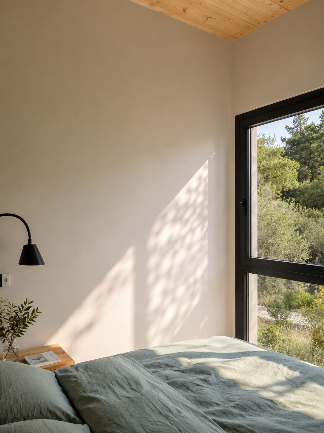 Dormitorio de vivienda en Canyelles con ventana vertical de aluminio oscura y entrada de luz natural