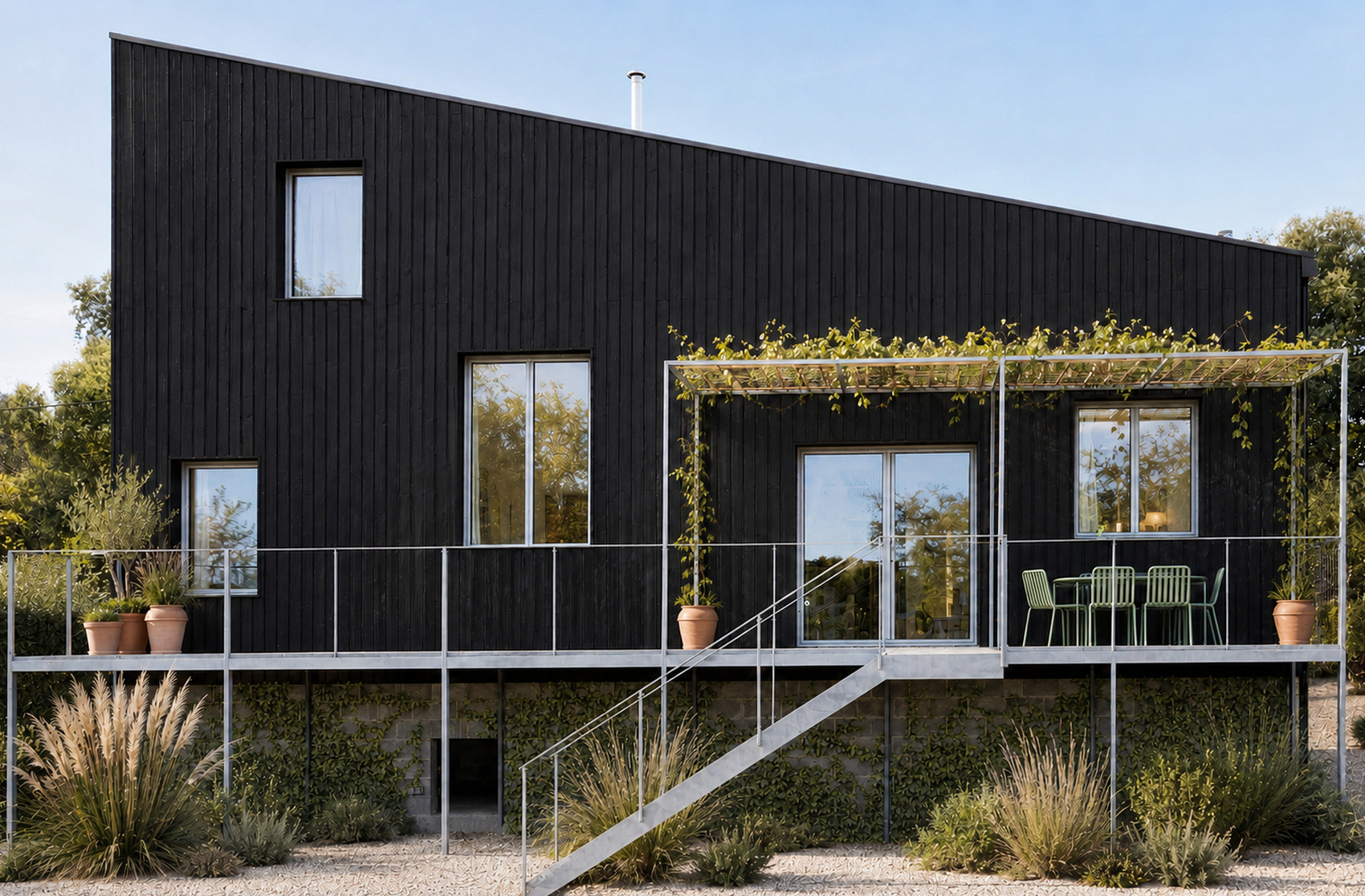 Vivienda en Lliçà d’Amunt con fachada de madera negra y ventanales de aluminio integrados