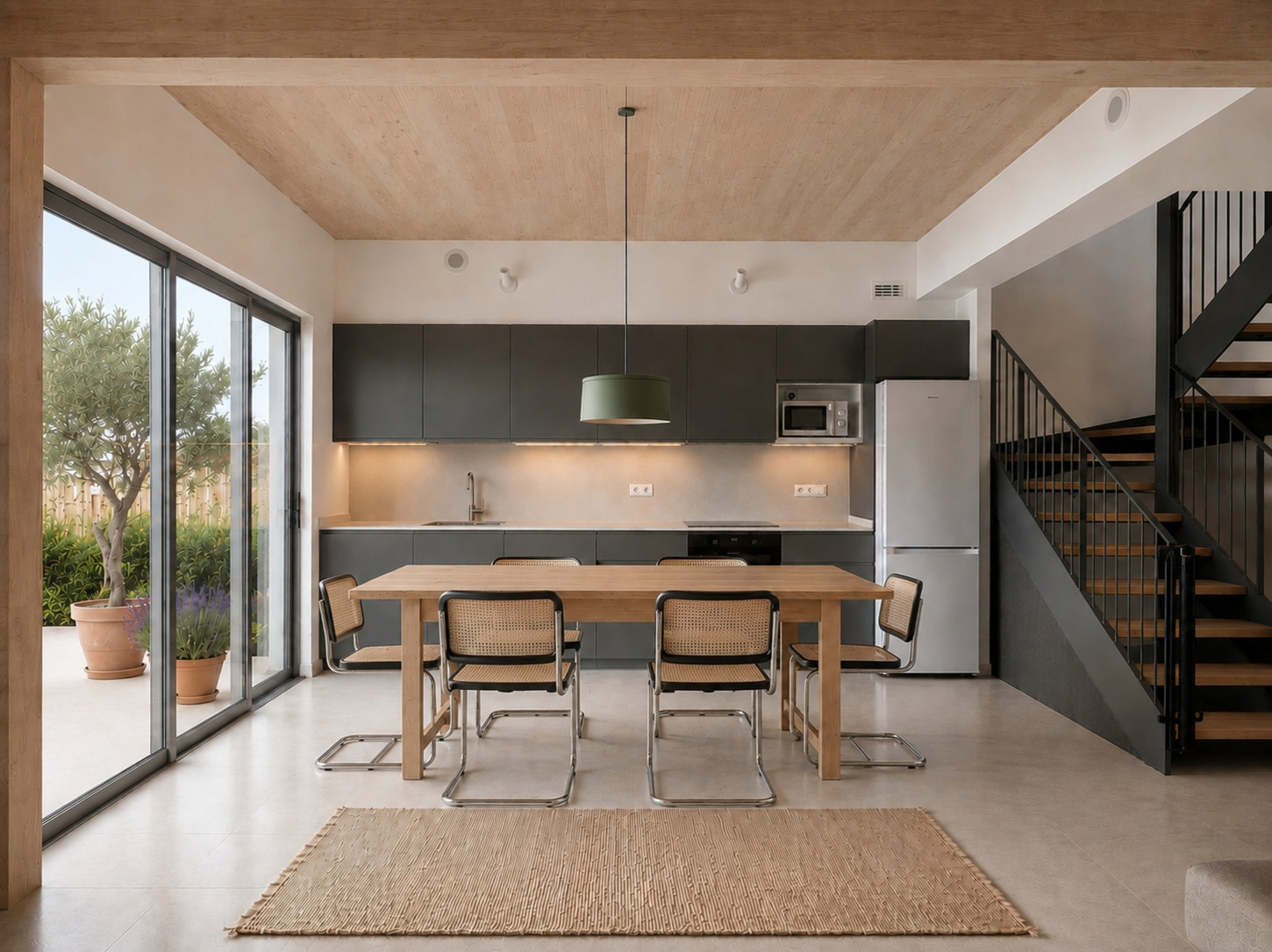 Cocina de vivienda en Vilanova i la Geltrú con gran corredera de aluminio y salida al exterior