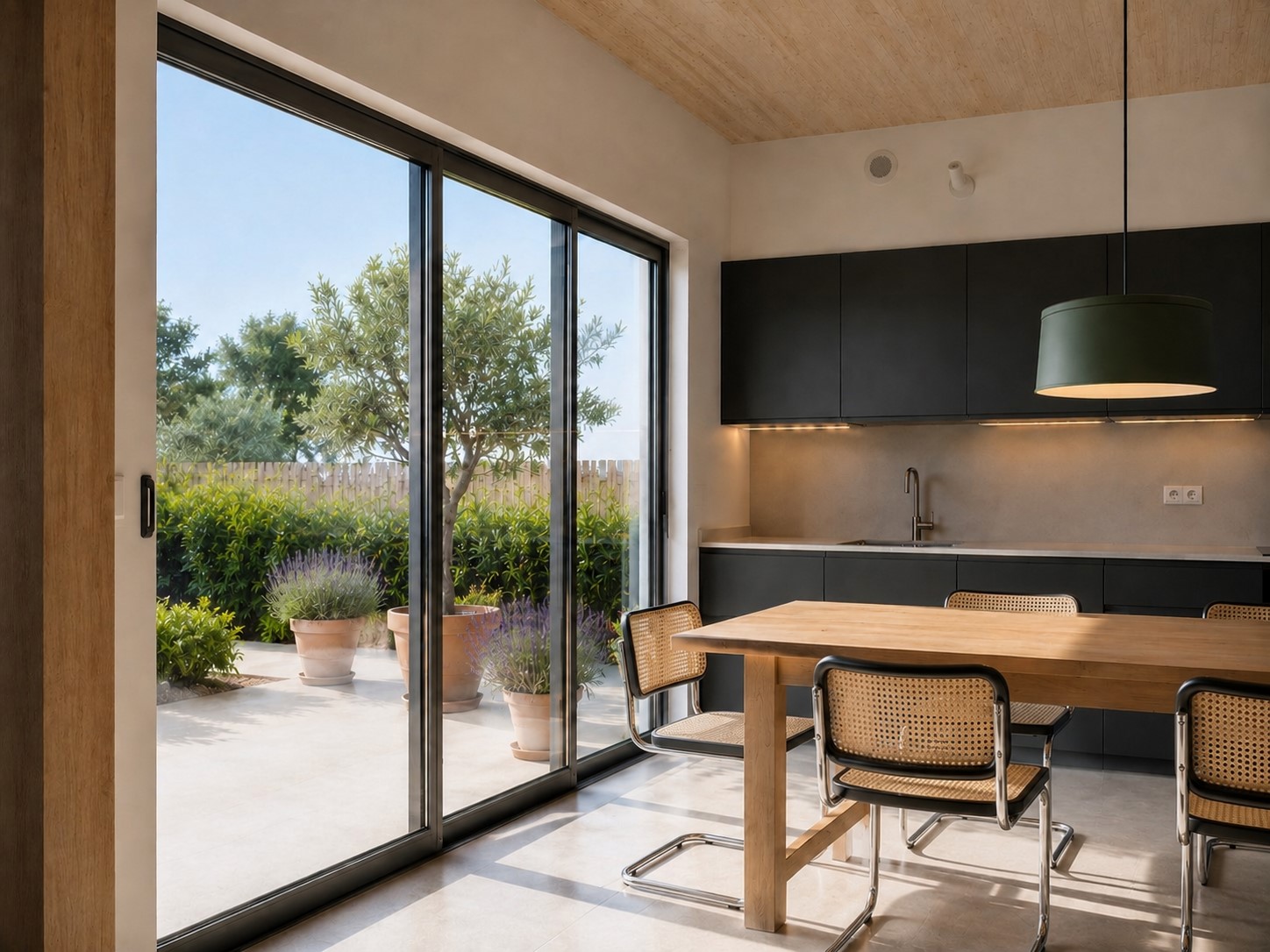 Gran corredera de aluminio en cocina comedor de vivienda en Vilanova i la Geltrú